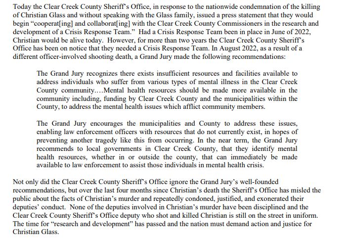SteveStaeger's tweet photo. NEW: @RMLawyersLLC, attorneys for the Glass family, have responded to @ClearCreekSO's statement on forming at co-responder team, pointing out that a grand jury in another police shooting warned the county about a lack of mental health resources in 2020.... https://t.co/oNP61yYZ1Y
