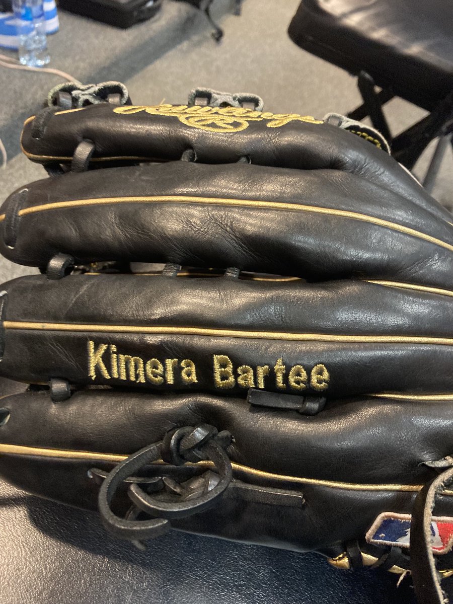 Here’s a shot of outfielder Corey Dickerson’s glove with “Kimera Bartee” stitched into it. KB was the Pirates outfield coach when Corey won a gold glove in 2018 while playing left field. Corey pays tribute to Bartee before each game. Classy move by a classy guy. -RI