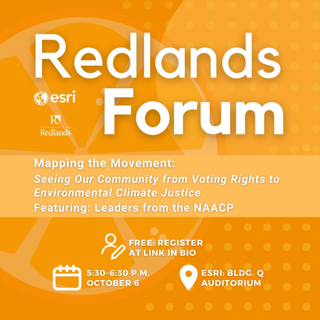 UofRedlands's tweet photo. Join the conversation this Thursday, October 6, at the Redlands Forum as we discuss the 'Mapping the Movement' vision to leverage GIS in the advancement of racial justice. This event is free, but registration is required https://t.co/1jW05P815M. 
#mapping #racialjustice #naacp https://t.co/VVI7P1QRCS