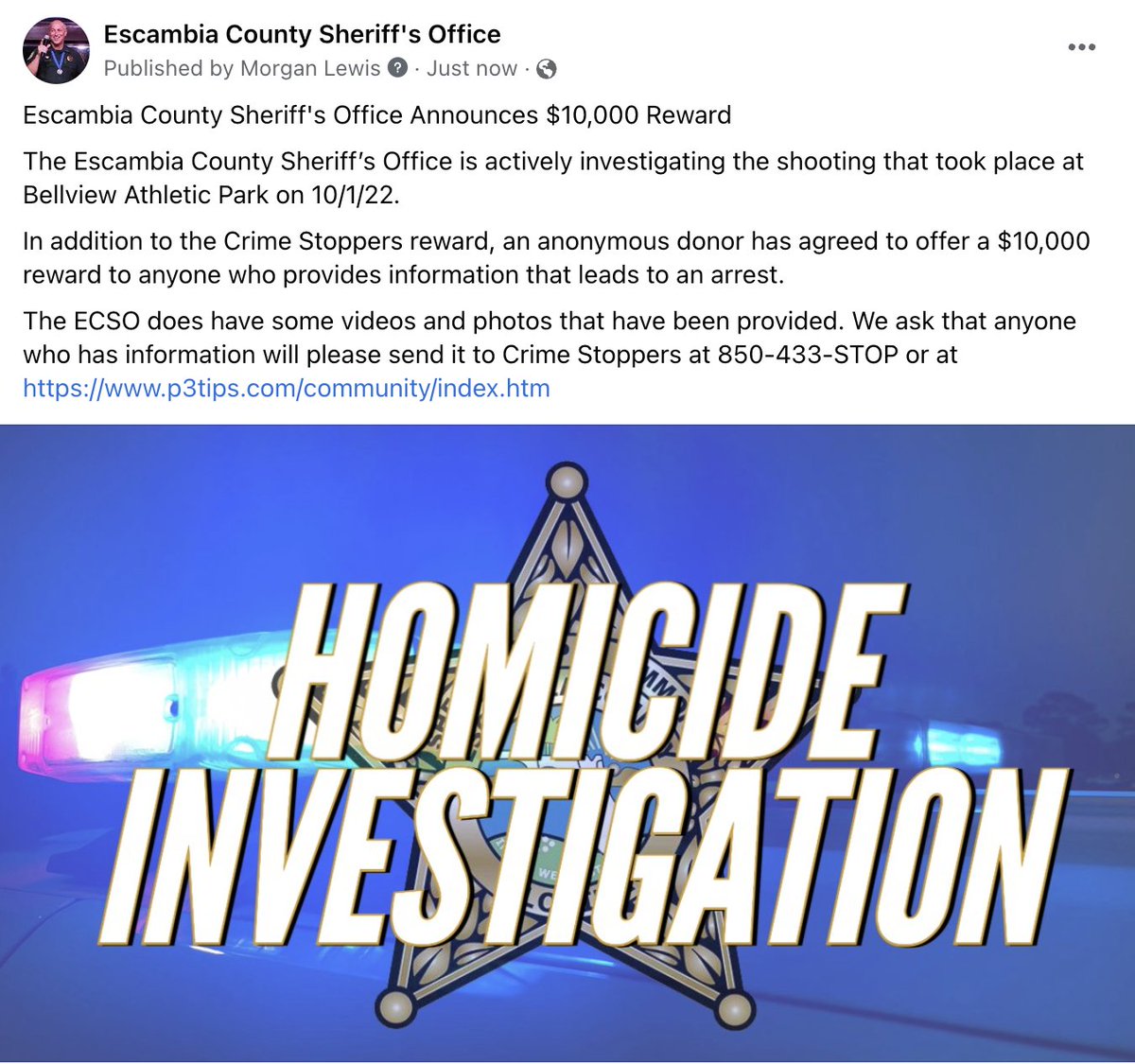 Escambia County Sheriff's Office Announces $10,000 Reward