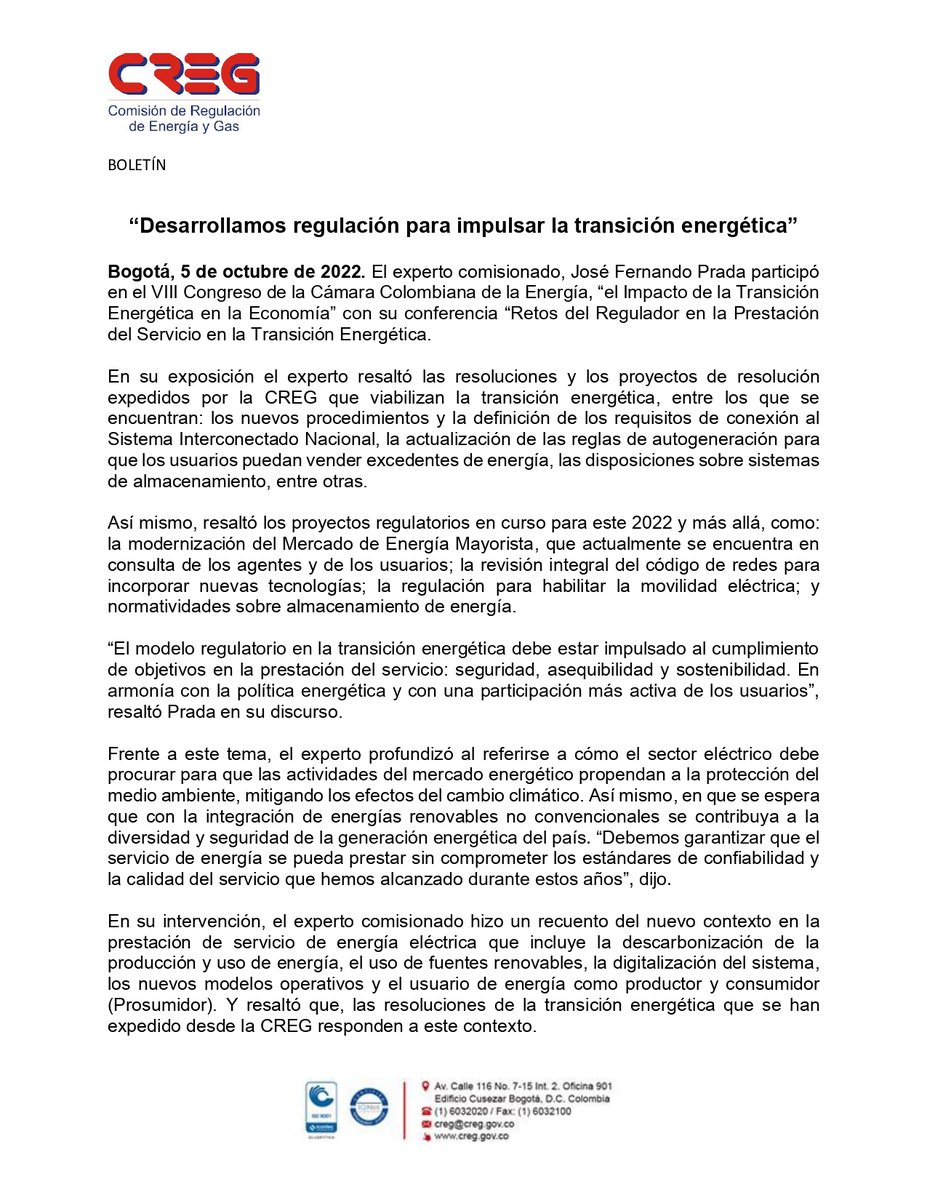 Boletín 🗞| “Desarrollamos regulación para impulsar la transición energética”