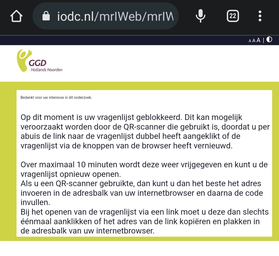 MFZwart's tweet photo. @IenOResearch Goedenavond, ik heb een vragenlijst van jullie gekregen die ik graag wil invullen, maar ik krijg voortdurend een foutmelding dat deze is geblokkeerd. Inmiddels al een reminder per post gekregen, weer dezelfde melding. What to do? https://t.co/tjIzseO7u9