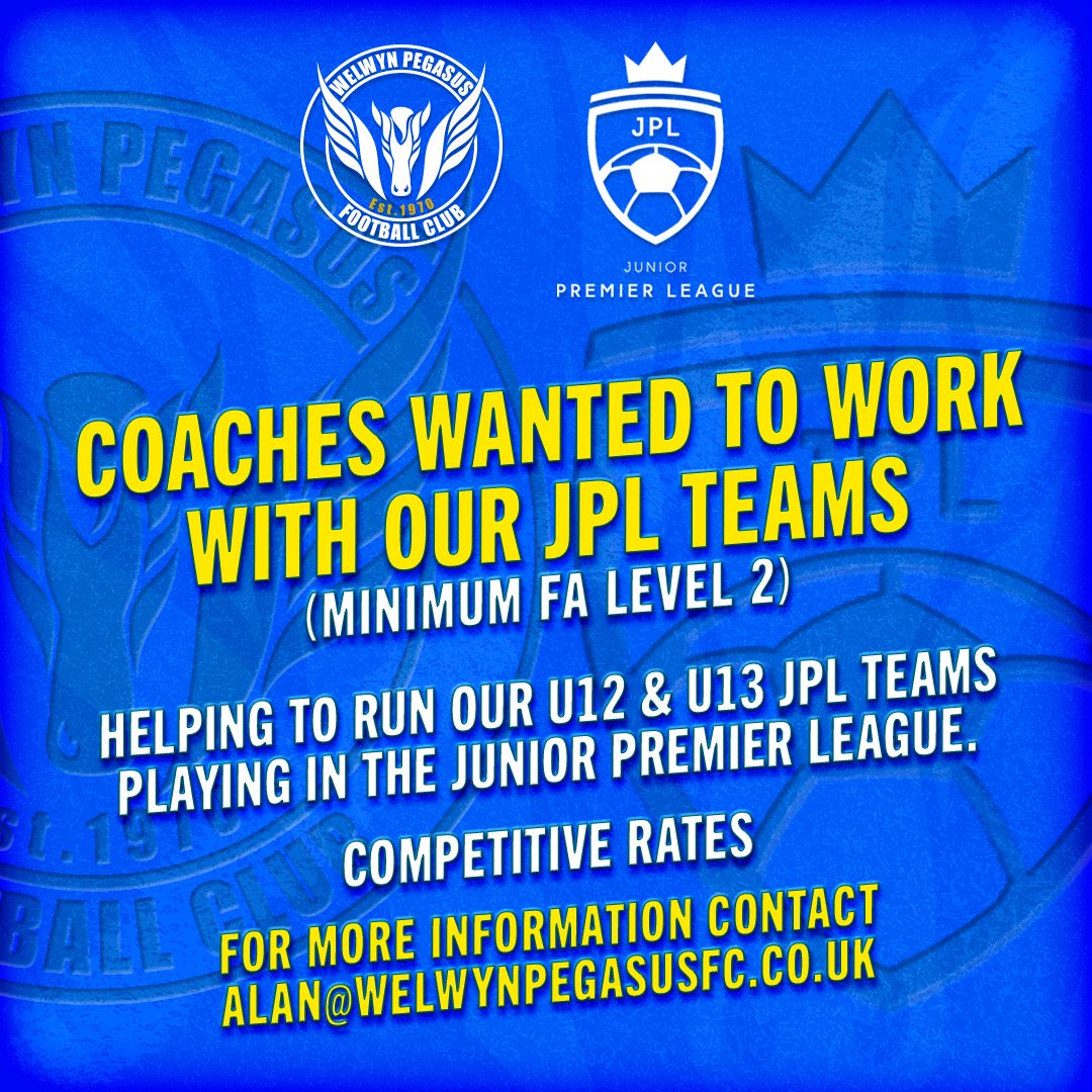 Our @jpluk teams are looking for new coaches to help with the running of our #U12 &amp; #U13 teams.

– Competitive rates are available
– Minimum FA Level 2 required

If you think you have the experience to offer your help, please contact alan@welwynpegasusfc.co.uk for more details 📨