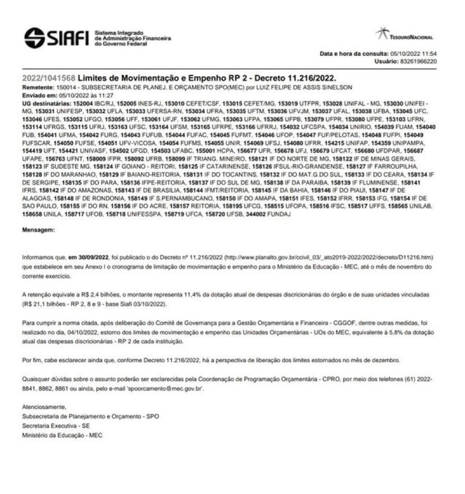 jnascim's tweet photo. 🚨 CONFISCO NAS UNIVERSIDADES 🚨

GRAVE: Governo Bolsonaro bloqueia saldo de TODAS as contas do Institutos e Universidades Federais, retirando R$ 2,4 bilhões das instituições (via @uneoficial) https://t.co/K8XskKnFcP