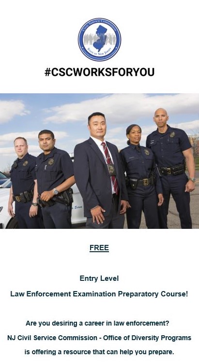 DelranPolice's tweet image. Are you interested in becoming a Police Officer?   

The New Jersey Civil Service Commission is offering a free preparatory course and assessment designed to assist you in preparation for taking the entry-level law enforcement examination. 

Register here: nj.gov/csc/about/divi…