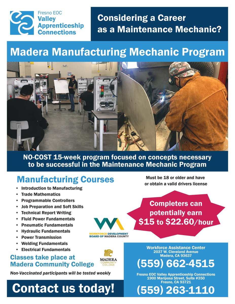 statecenteraec's tweet photo. Fresno EOC, in collaboration with the Madera Workforce Assistance Center and Madera Community College, is offering a #FREE 15 week Maintenance Mechanic Program.
Call (559) 662-4515 or (559) 263-1110 for more information.
#SCAEC #AdultEducation #MCC #MWAC #MaintenanceMechanic https://t.co/jydqx5gZjz