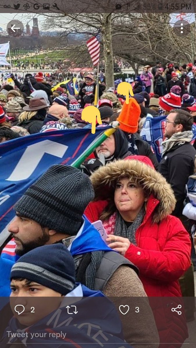 Nightvi17337331's tweet photo. @JusticeCat0106 Ur P2- #SeditionFlags
1. green flagpole yellow tip, royal blue Trump2020,
2. Orange beanie orange hat on top of flagpole with USA flag. Someone else had an orange beanie on a flagpole on or near WestPlaza. #SeditionSignals https://t.co/66bjPqgVjb