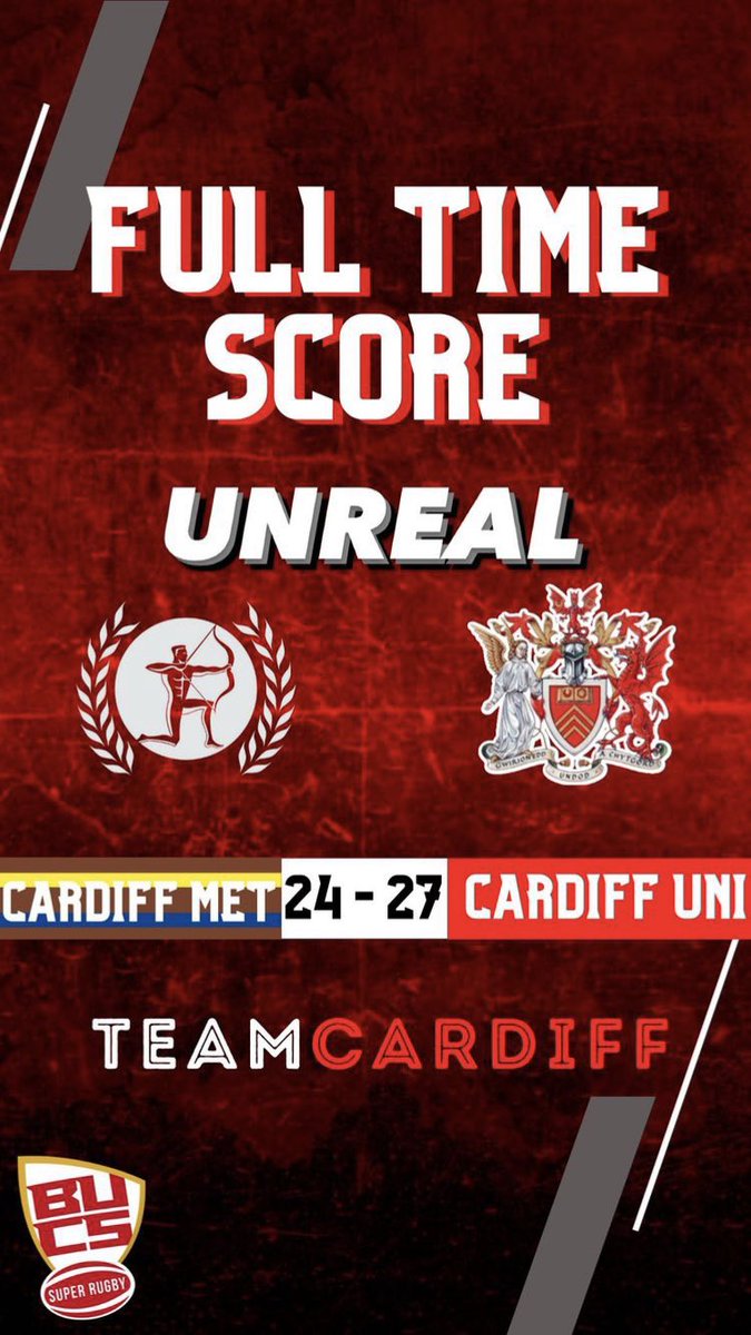 Cardiff is red and black tonight! 🔴⚫️ 
A brilliant result with the boys picking up the W is another highly contested <a href="/BUCSSuperRugby/">BUCS Super Rugby</a> #CardiffClash 
Thanks to everyone for coming out and supporting the boys! 
Thanks to <a href="/Cardiff_Rugby/">Cardiff Rugby</a> for hosting another great event 👏🏼 👏🏼