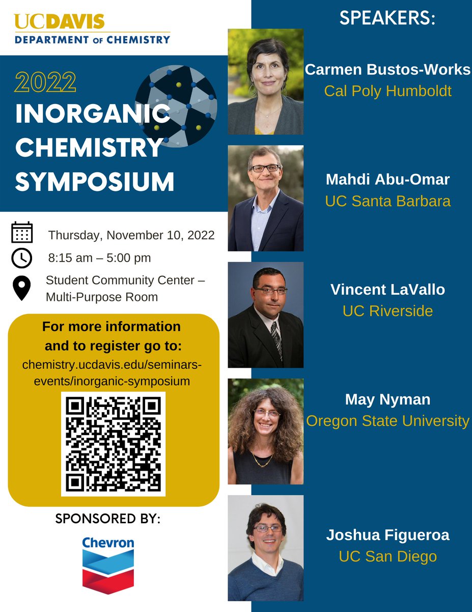 Don’t miss out on your chance to present a poster in person at the 2022 Inorganic Chemistry Symposium!

For more information on posters and to register go to:
chemistry.ucdavis.edu/seminars-event…