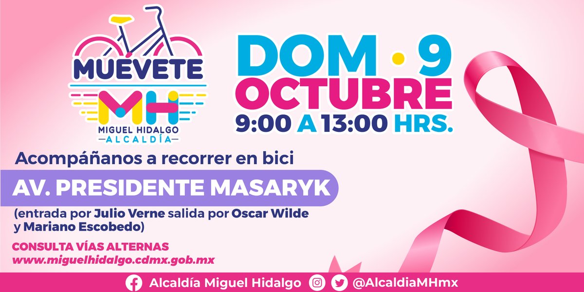 ¡Vistamos Masaryk de rosa!

La tercera edición de #MuéveteMH🚲 será con causa, para visibilizar la lucha en contra del cáncer de mama te invitamos este domingo 9 de #OctubreRosa a apropiarte del espacio público en bicicleta vestid@ de rosa, de 9 de la mañana a 2 de la tarde.