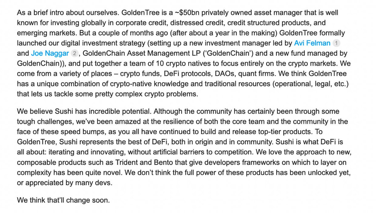 HsakaTrades's tweet photo. Avi coming thru.

GoldenTree posting on the Sushi defi forum with the "we're bidding" https://t.co/EPI4qIicqj