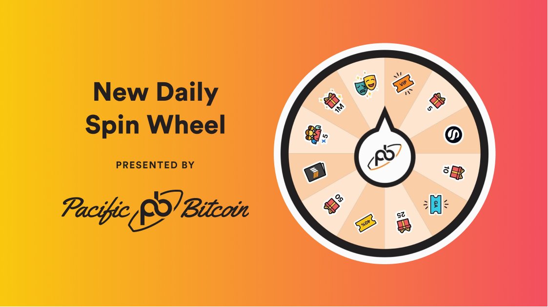 Heyyooo! New Daily Wheel, who dis

🔥 prizes courtesy of <a href="/SwanBitcoin/">Swan Bitcoin Client Services</a>'s @pacificbitcoin event in LA 11/10 - 11/11!

Spin now through 11/9 for your chance to win

VIP tix
GA tix
Discounted tix
Swan Private Membership
Bitcoin Magazine Subscription

pacificbitcoin.com/#tickets