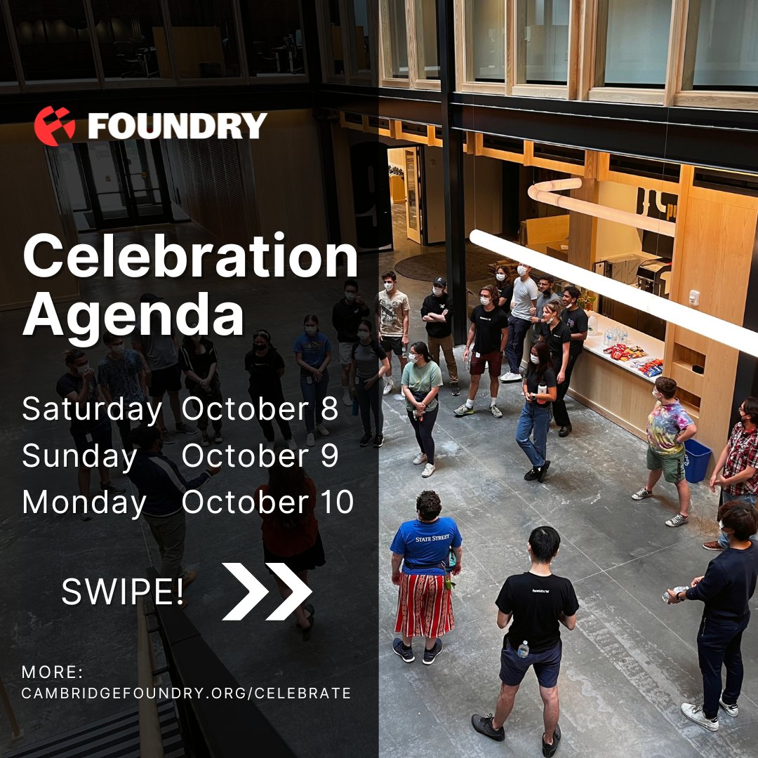FoundryCamb's tweet photo. It's finally happening! Here’s the agenda for our 3-day celebration THIS WEEKEND! 🎉🎉

So excited to be partnering with 60+ orgs, makers, and artists. Dance lessons, maker space tours, drawing workshops, live music, community theatre, yoga, and more! https://t.co/Ra5v4UllbH https://t.co/g8W2xNl15U
