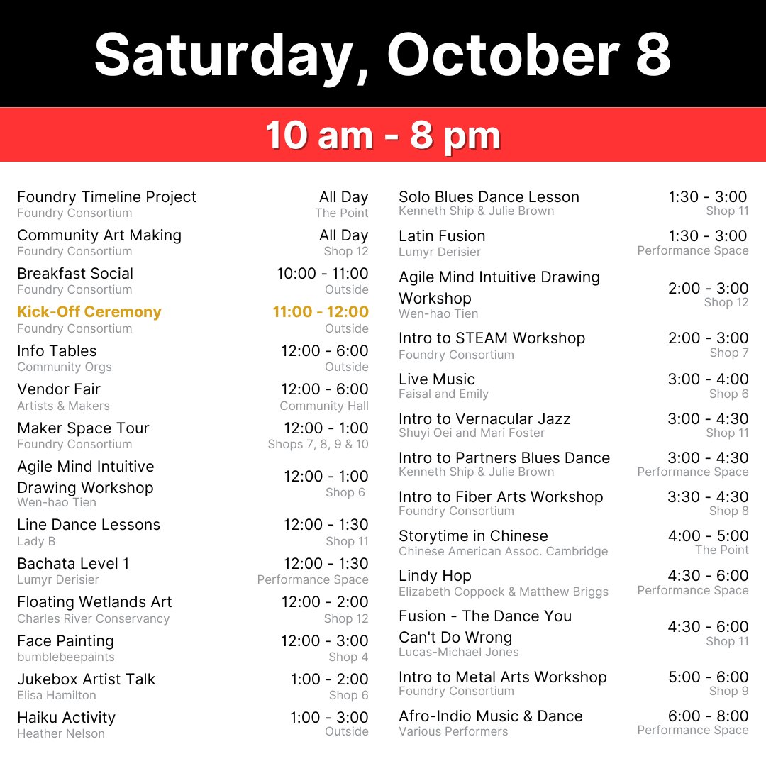 FoundryCamb's tweet photo. It's finally happening! Here’s the agenda for our 3-day celebration THIS WEEKEND! 🎉🎉

So excited to be partnering with 60+ orgs, makers, and artists. Dance lessons, maker space tours, drawing workshops, live music, community theatre, yoga, and more! https://t.co/Ra5v4UllbH https://t.co/g8W2xNl15U