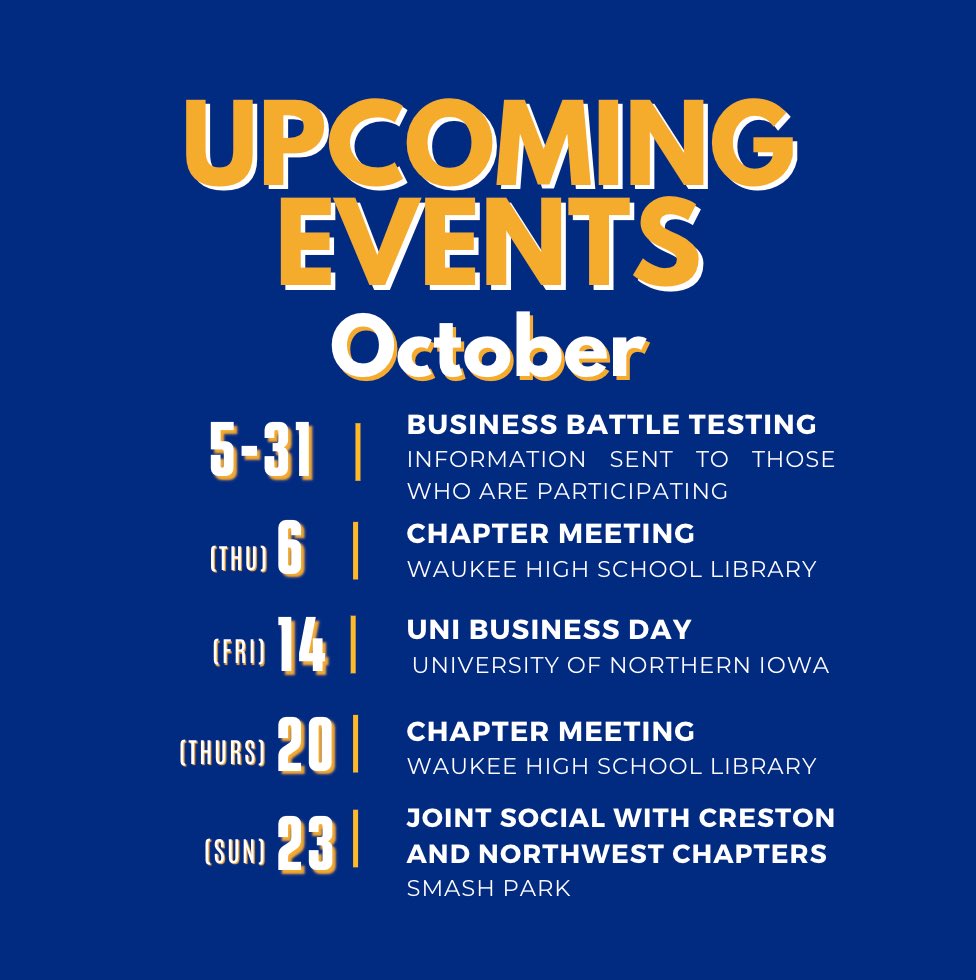 WaukeeFBLA's tweet photo. Check out these amazing opportunities we have coming up in October! Check your email and stay tuned for more information! #waukeefbla https://t.co/z26oz1rJOr