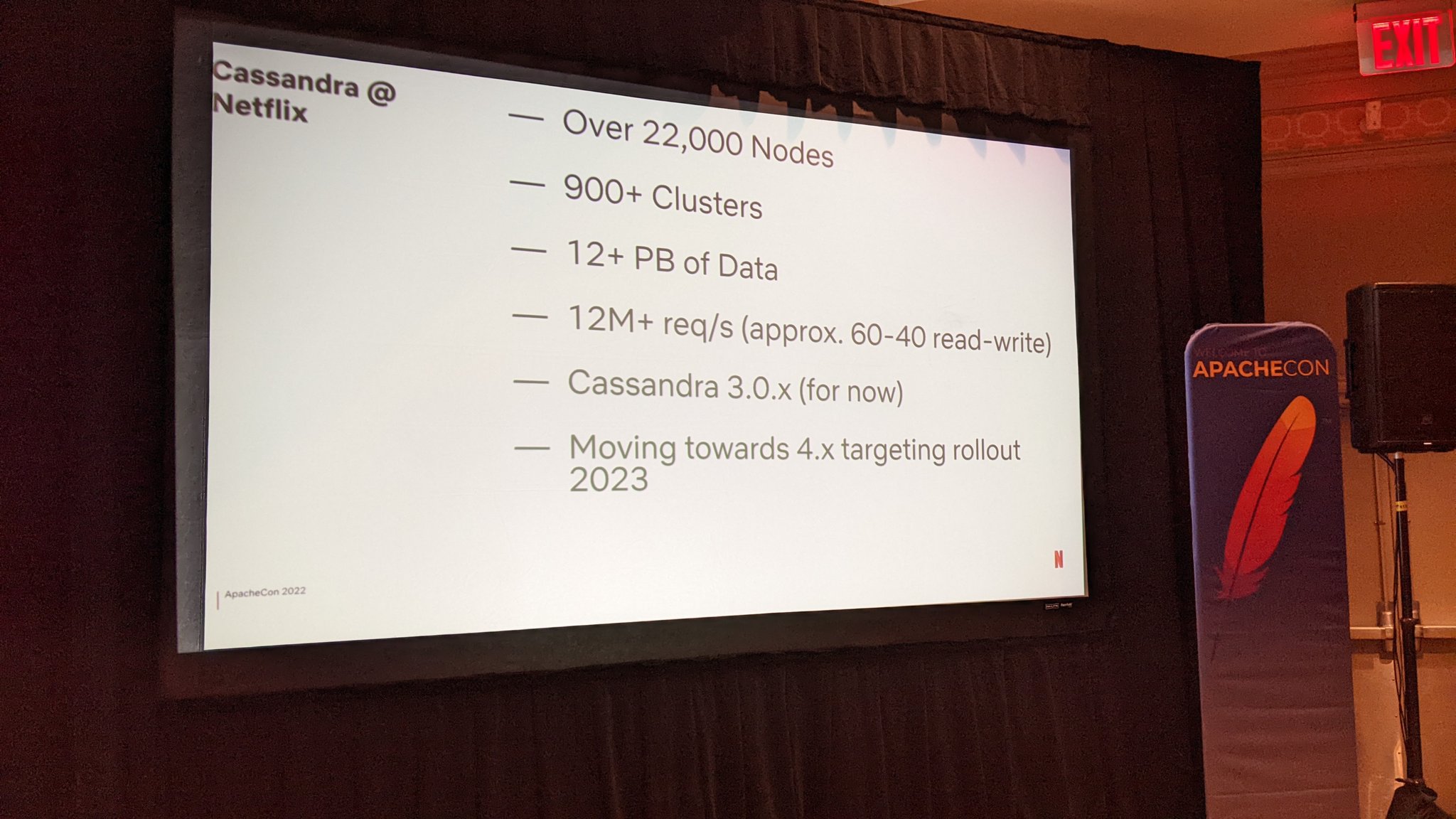 900  @Cassandra  clusters + 12PB of data + 22000 nodes + 12M ops/sec =  @Netflix  operating at internet scale!  😮  Jordan West + Cheng Wang share h