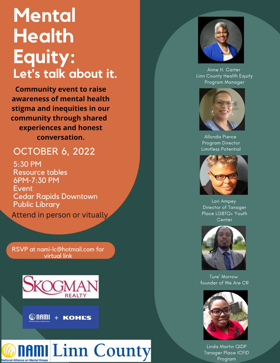 NAMIJCIowa's tweet photo. We are just one day away from the Mental Health Equity Forum on Oct 6th at the Cedar Rapids Public Library from 5:30-7:30pm!

Attend in person
Or
Virtually through this link: https://t.co/gEa2rTcOjn

#NotAlone #Together4MH #NAMIJC #RPlace #CedarRapidsPublicLibrary #CedarRapids https://t.co/ekeODLWHnA