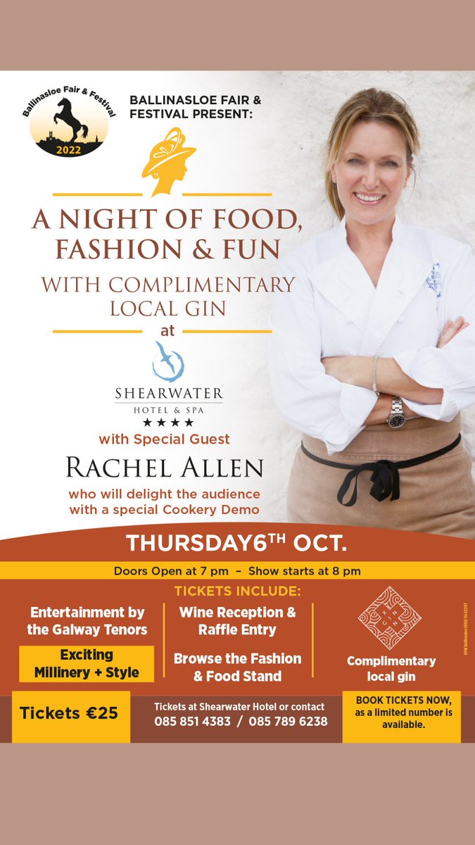 eception, Celebrity Chef Rachel Allen will headline our night of Food, Fashion &amp; Fun with complimentary Local Gin &amp; wine 
#ballinasloefair #ballinasloe #ballinasloelife #rachelallen #shearwaterhotel #cookery #fashion  #ahascraghdistillery #ahascraghgin  #galwaytenors