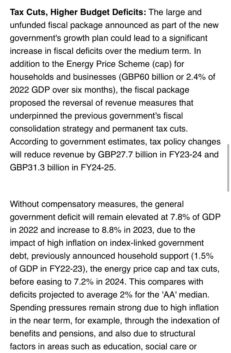 EdConwaySky's tweet photo. NEW:
Credit ratings agency Fitch cuts the outlook on the UK's rating from "stable" to "negative" following the mini Budget. Rating itself remains AA-
Says the change came despite the 45p u-turn. Adds that @KwasiKwarteng's comments abt further tax cuts contributed to the decision https://t.co/QTChQYh693