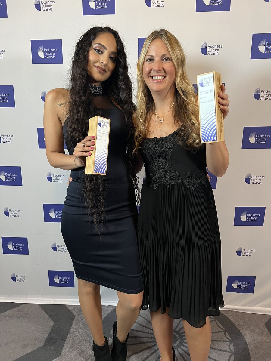 BHFT's tweet photo. Two awards! 🎉 
Best Wellbeing Initiative 🏆
Best Learning Initiative 🏆
@bizcultureawds #bcas22 #greatplacetowork https://t.co/yedmfcuU5O