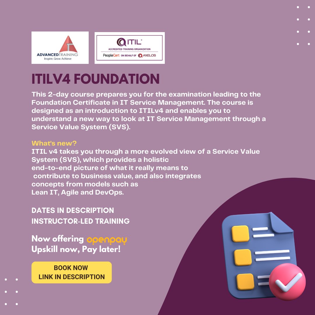 advancedtrainin's tweet photo. Looking for any last-minute interest on -ITILv4 FND – ITILv4 Foundation running - 20/10/2022 - 21/10/2022
https://t.co/3LbtBVU8pY https://t.co/QC2vLDugSr