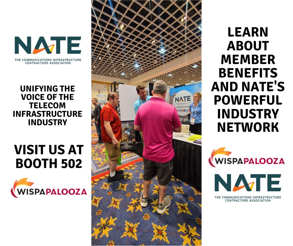 NATEsafety's tweet photo. WISPAPALOOZA is in full force and so is the NATE Team. Visit Booth #502 to learn about the benefits of becoming a NATE Member. #natesafety #wispapalooza #visitus #elevatewireless #telecomindustry https://t.co/4APsZ1URuk