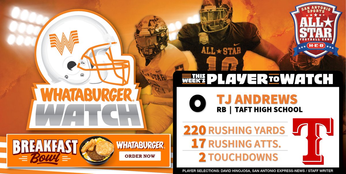 San Antonio Sports (@sa_sports) on Twitter photo . <a href="/Whataburger/">Whataburger®</a> Watch - Week NUMBER 6 Honoree
Highlighting some of the top talent in Greater SA!
TJ Andrews
RB | Taft High School
220 Rushing Yards
17 Rushing Attempts
2 Touchdowns
#WhataburgerWatch #txhsfb
Offers: Army, Columbia, UIW, Navy, UTSA
<a href="/Tandrews_0/">tj andrews</a> . <a href="/Whataburger/">Whataburger®</a> Watch - Week NUMBER 6 Honoree
Highlighting some of the top talent in Greater SA!
TJ Andrews
RB | Taft High School
220 Rushing Yards
17 Rushing Attempts
2 Touchdowns
#WhataburgerWatch #txhsfb
Offers: Army, Columbia, UIW, Navy, UTSA
<a href="/Tandrews_0/">tj andrews</a>