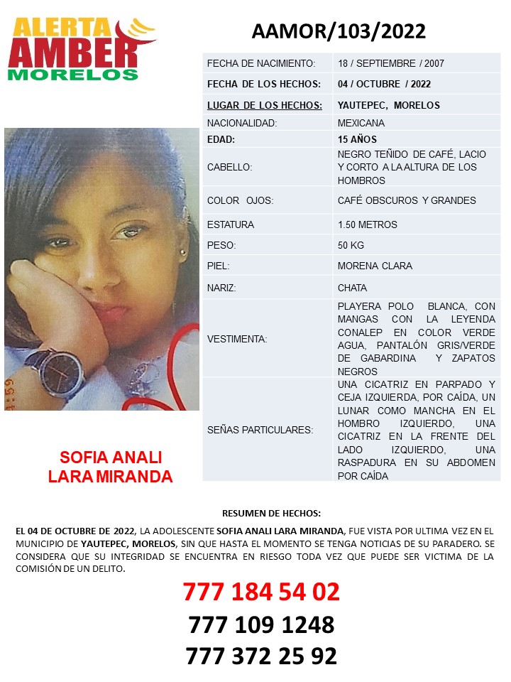 Fiscalia_Mor's tweet photo. La Fiscalía General del Estado de #Morelos  activa el protocolo #AlertaAmber y solicita su colaboración  para dar con el paradero de SOFÍA ANALI LARA MIRANDA de 15 años, quien fue vista por última vez en #Yautepec https://t.co/ECLGqMcCyi