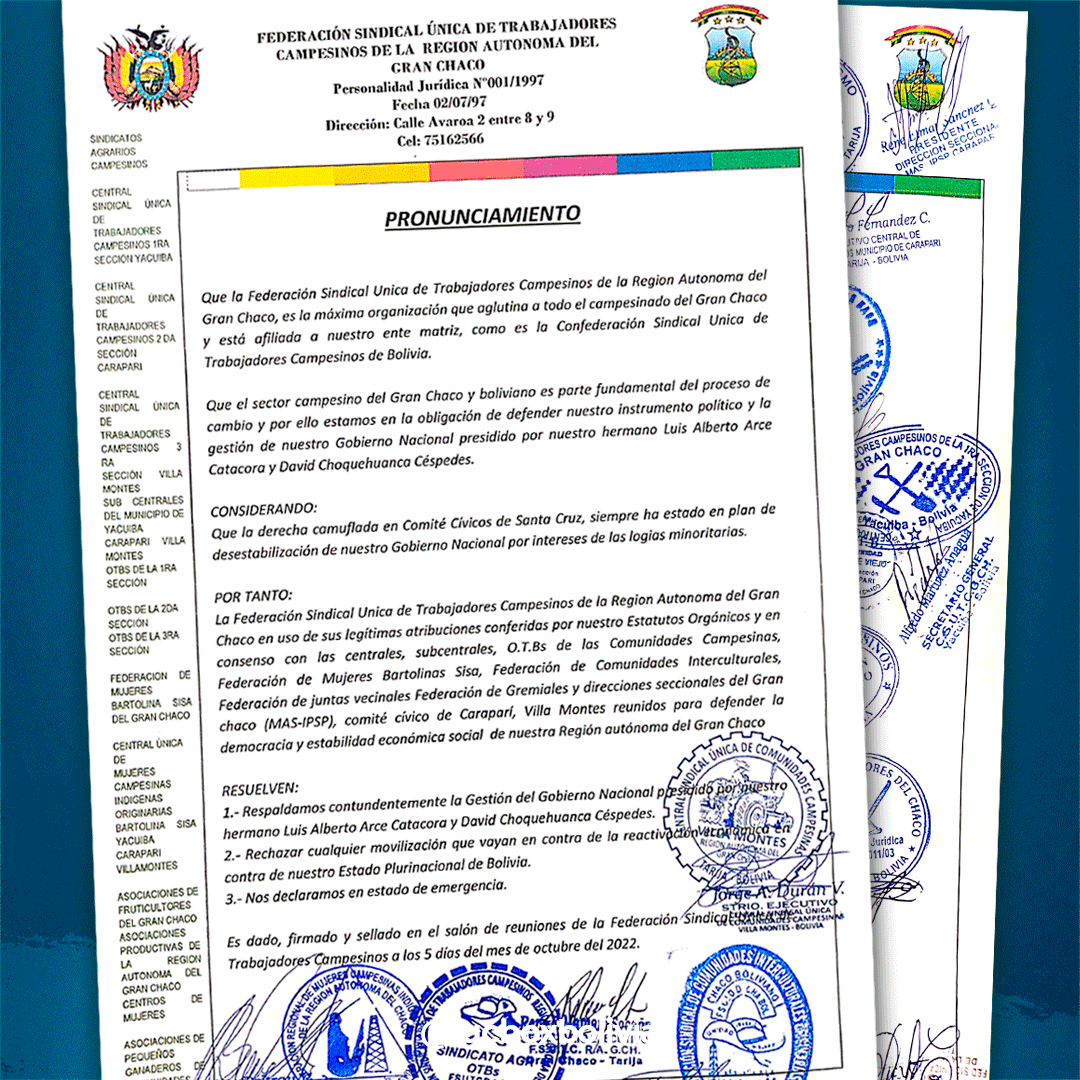 LuchoXBolivia's tweet photo. La única estrategia que sabe la derecha radical es mentir, dividir y destruir, ya lo hizo antes y quiere hacerlo ahora. Solo la unidad del pueblo boliviano es garantía para seguir reconstruyendo la Patria. Gracias trabajadores campesinos de la Región Autónoma del Gran Chaco. https://t.co/9SSMRoj4fu