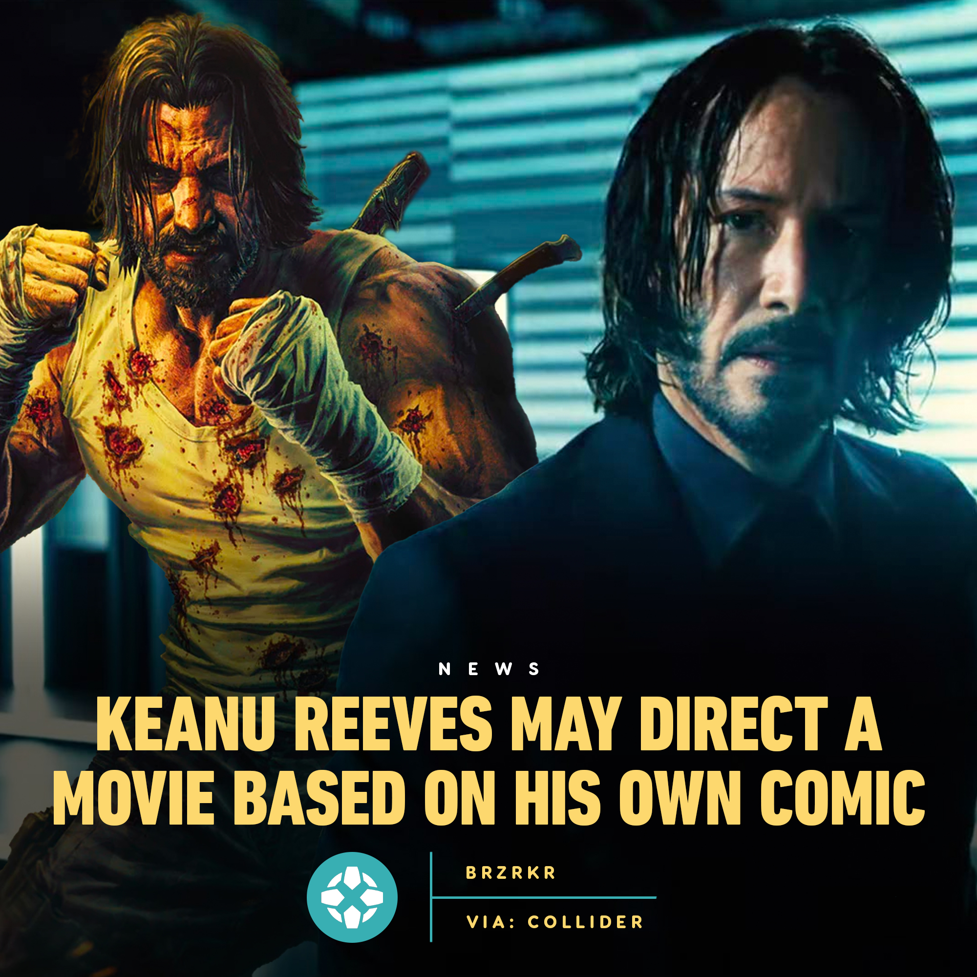 Text: Keanu Reeves May Direct A Movie Based On His Own Comic

Via: Collider

Image: Keanu Reeves from John Wick side-by-side his character from the comic BRZRKR