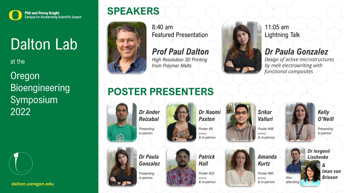 We're representing the @UOKnightCampus & @meltelectrospin Dalton Lab at the Oregon Bioengineering Symposium this afternoon at 4pm [ONLINE] and all day Thurs Oct 6 [IN PERSON]🗣️ -- @PaulaSaiiz @AnderReizabal @EHD_3D_printing @kellyloneill @ImanvonBriesen @srikarmusic #OBS2022