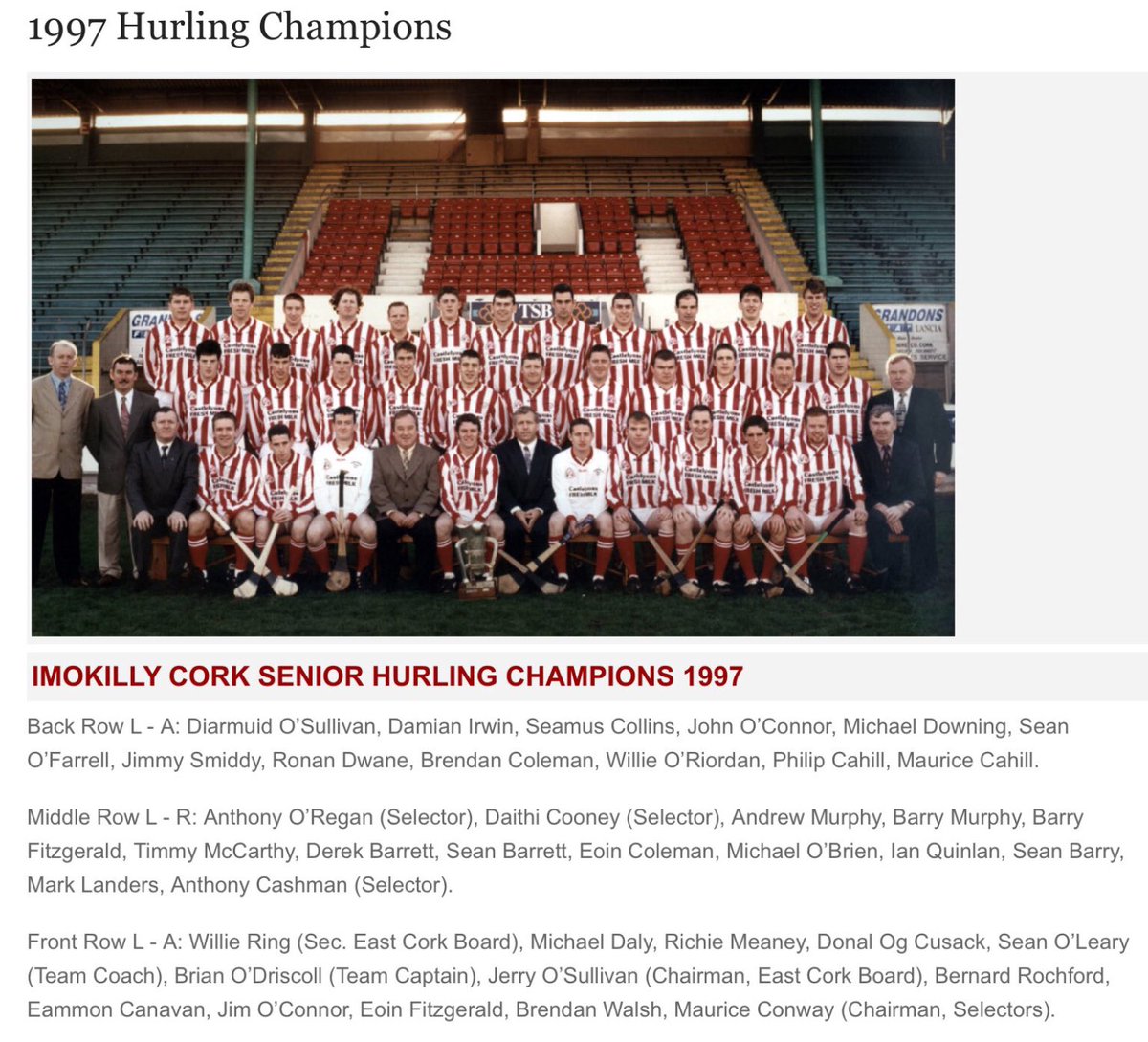 On this day 25 years ago <a href="/EastCorkGAA/">Imokilly GAA</a> were crowned <a href="/OfficialCorkGAA/">Cork GAA</a> County Senior Hurling champions for the first time, as they defeated fellow East-Cork side Sarsfields in the Final at the old <a href="/PaircUiCha0imh/">SuperValu Páirc Uí Chaoimh</a> on a final score line of 1-18 to 2-12 #corkhurlinghistory