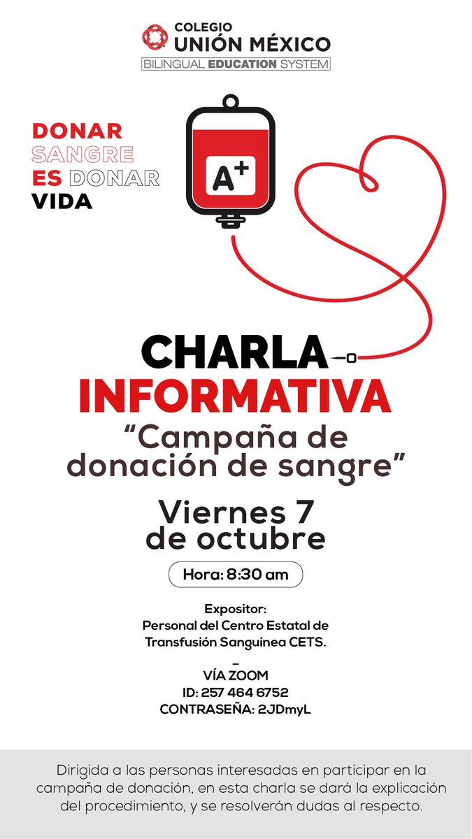 ColegioUnionMex's tweet photo. Los invitamos a conectarse a la charla informativa de la campaña donación de sangre, la cual se llevará a cabo el próximo viernes 07 de octubre a las 8:30 am vía zoom 💉❤️

¡Te esperamos!

👉🏼 https://t.co/BrdR8I41su

#ColegioUniónMéxico  
#DonaciónDeSangre #DonarSangreEsDonarVida https://t.co/A67licPOq8