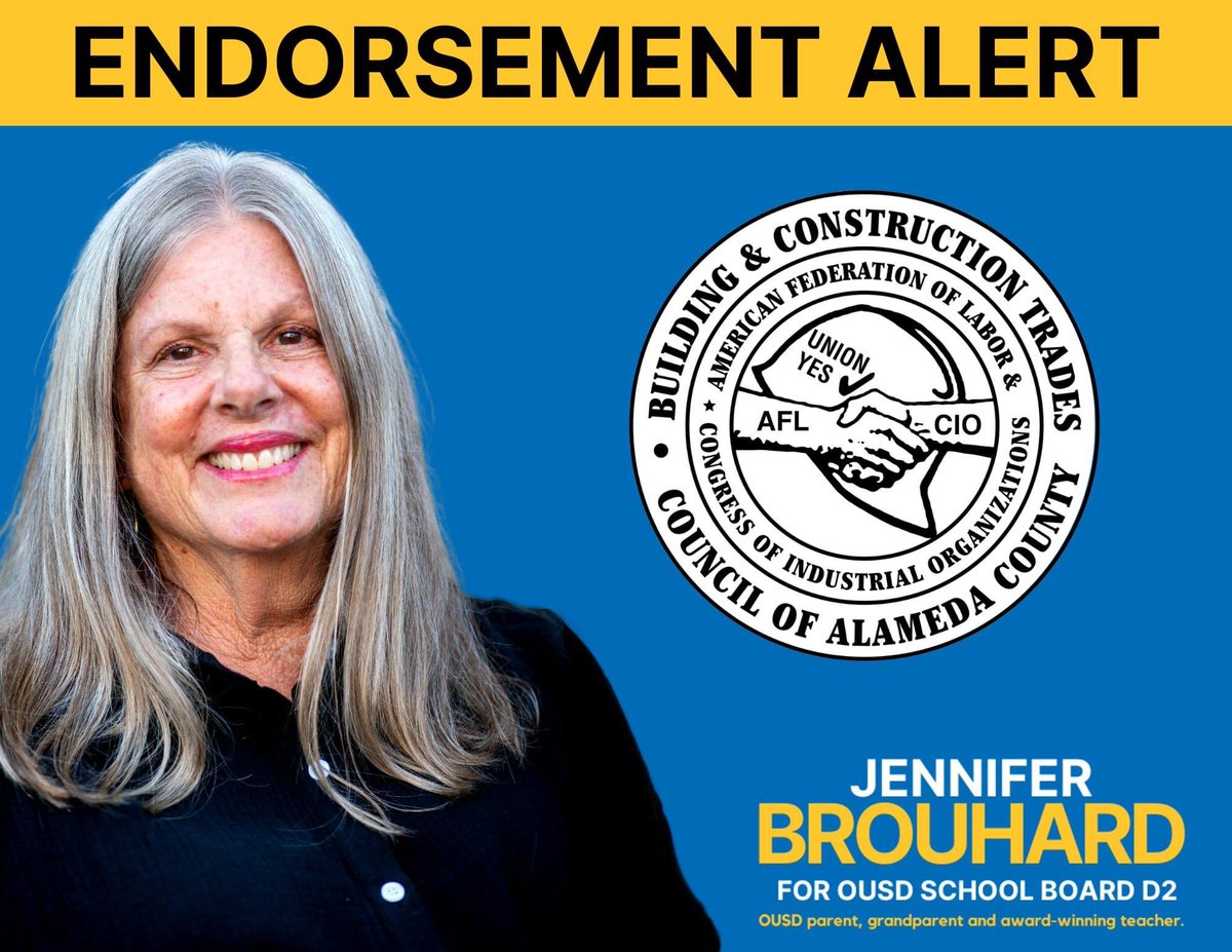 Brouhard4OUSD's tweet photo. I'm proud to be endorsed by the Alameda Co. Building Trades Council. As a life-long union member, I know that having a union makes difference for families. I looking forward to working with the Trades to increase pathways for students to move into union apprenticeship programs. https://t.co/fiaoUjnelJ
