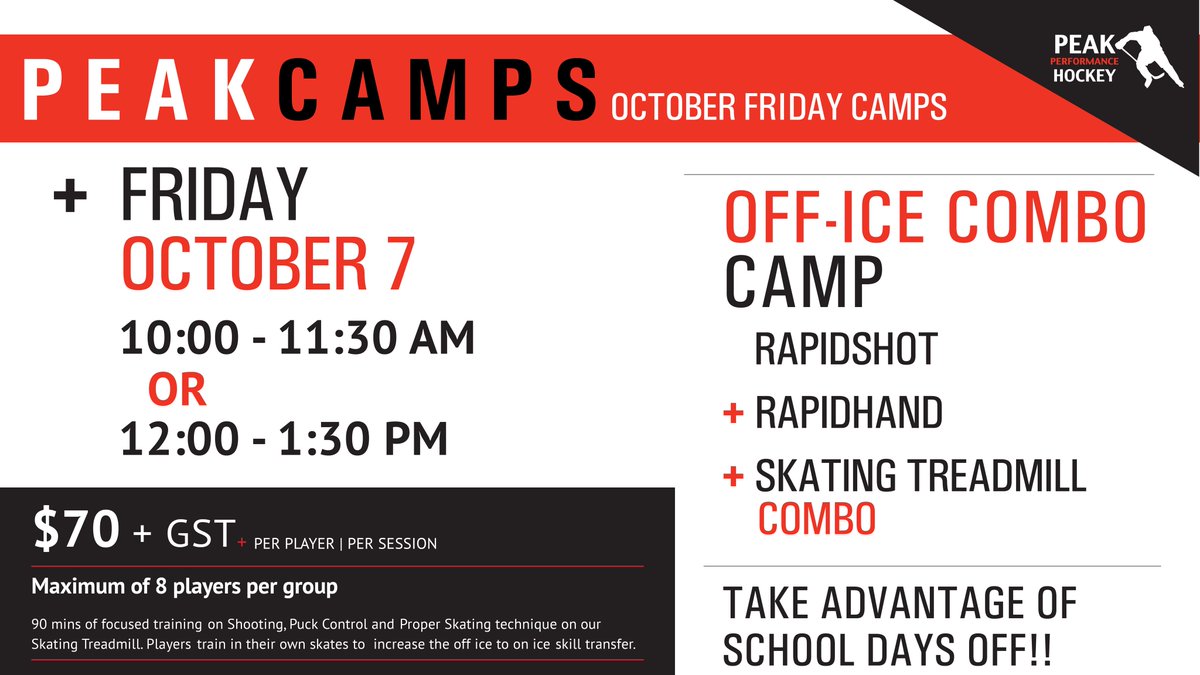 PeakHockeySask's tweet photo. October Friday Camps
Off-Ice Combo Camp
Rapidshot+Rapidhand+Skating Treadmill Combo

Take Advantage Of School Days Off!!
Friday Oct 7 - Oct 14 - Oct 21
10-11:30AM or 12-1:30PM

$70+GST PER PLAYER | PER SESSION

Max of 8 players per group
90 mins of focused training! https://t.co/mQbhcuEvq1