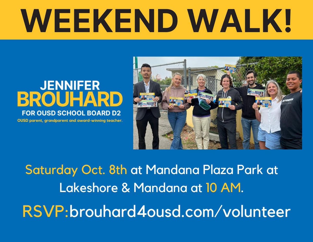 Brouhard4OUSD's tweet photo. The only way that our people-powered campaign will win this election is to get out to talk with voters. My weekend walks are powered by teachers, parents, students and community members! Join me this weekend at 10am at Mandana Plaza Park. RSVP here: https://t.co/6tAkLoodcy https://t.co/Mf0H1xQE0Z