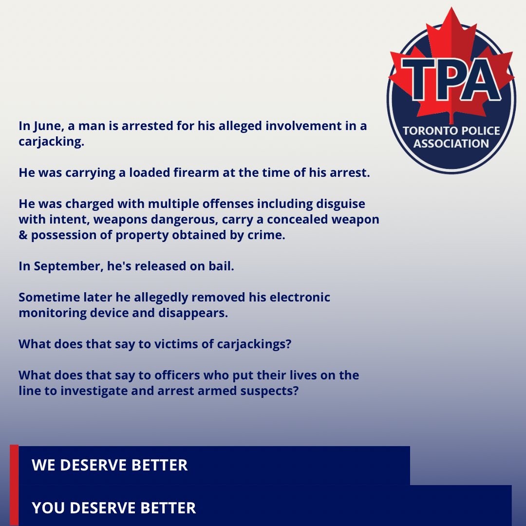 Every day our members put their lives on the line, only to have their hard work invalidated &amp; the public’s safety put at risk. We deserve better. You deserve better. #tpaca @torontopolice 

@jreid_tpa