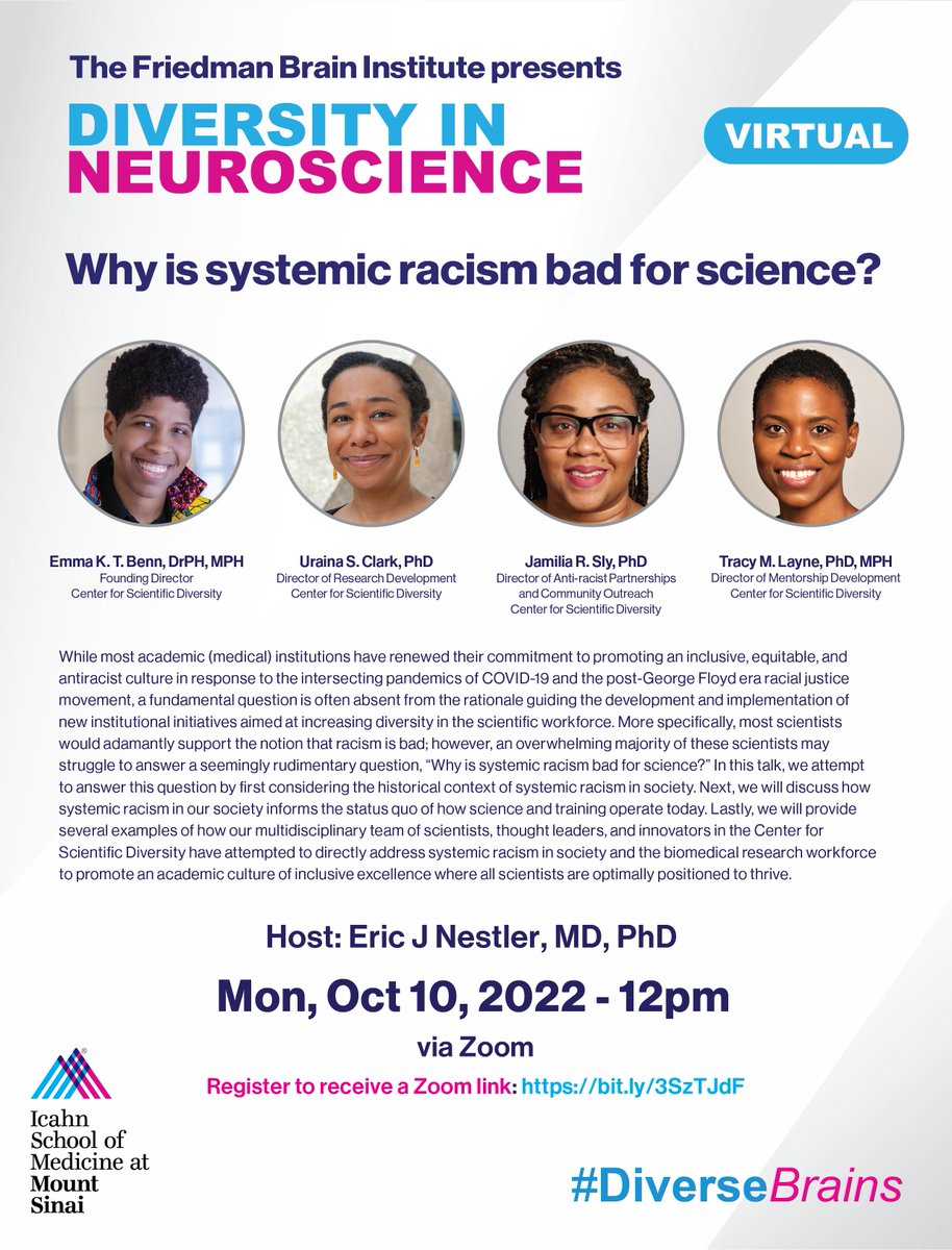 Friedman Brain Institute (@sinaibrain) on Twitter photo ‼️THIS EVENT IS NOW VIRTUAL‼️
Join us THIS MONDAY for an INCREDIBLY IMPORTANT presentation on why #SystemicRacism is bad for #Science. Hosted by <a href="/EricJNestler/">Eric J. Nestler, MD, PhD</a> REGISTER NOW for a Zoom link👉bit.ly/3SzTJdF
<a href="/Sci_Diversity/">Center for Scientific Diversity at ISMMS</a> <a href="/ClarkNeuro/">Dr. Uraina Clark | Neuro Lab</a> <a href="/DrJamiliaSly/">Jamilia Sly, PhD</a> @tracymlayne <a href="/EKTBenn/">Emma Benn</a> ‼️THIS EVENT IS NOW VIRTUAL‼️
Join us THIS MONDAY for an INCREDIBLY IMPORTANT presentation on why #SystemicRacism is bad for #Science. Hosted by <a href="/EricJNestler/">Eric J. Nestler, MD, PhD</a> REGISTER NOW for a Zoom link👉bit.ly/3SzTJdF
<a href="/Sci_Diversity/">Center for Scientific Diversity at ISMMS</a> <a href="/ClarkNeuro/">Dr. Uraina Clark | Neuro Lab</a> <a href="/DrJamiliaSly/">Jamilia Sly, PhD</a> @tracymlayne <a href="/EKTBenn/">Emma Benn</a>