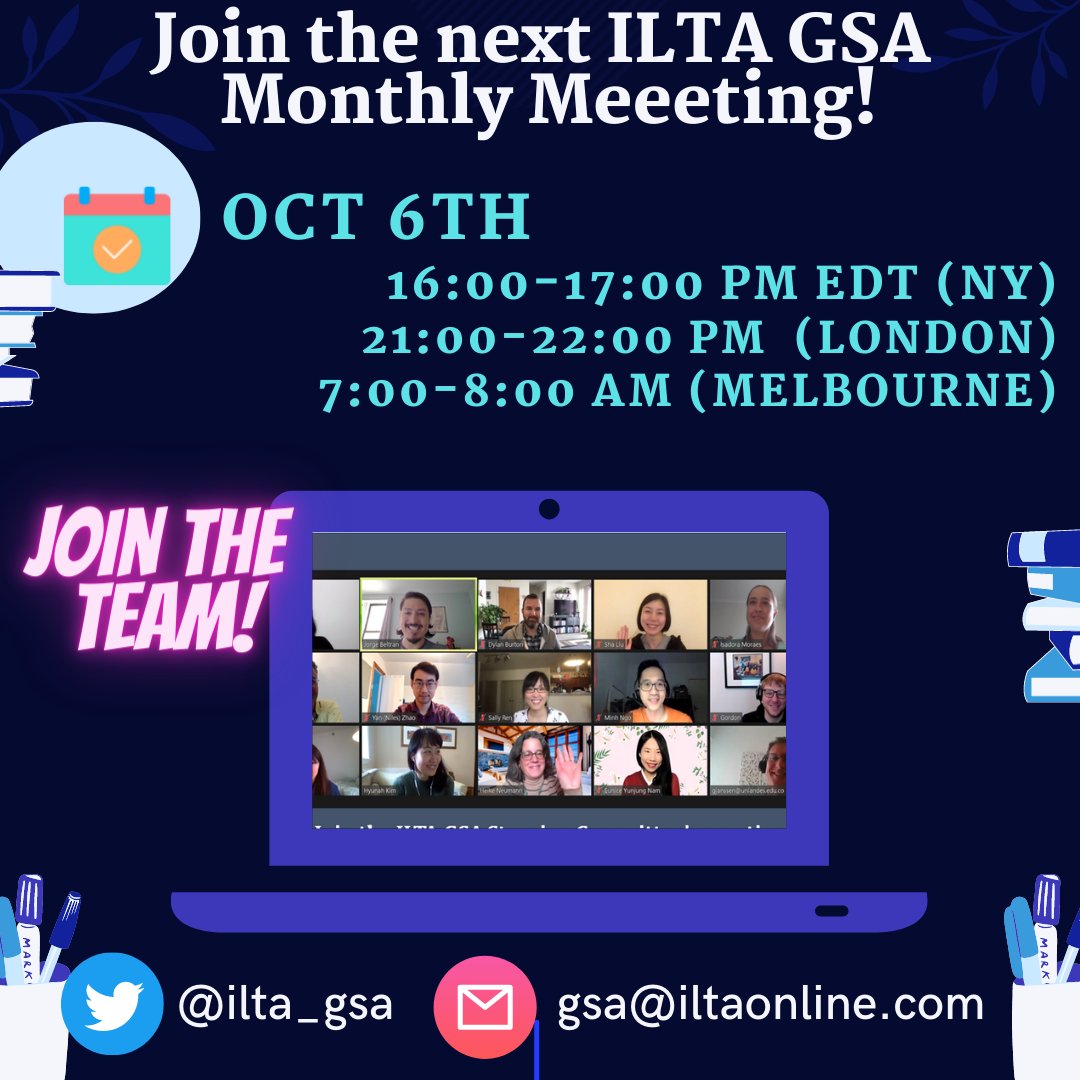 iIta_gsa's tweet photo. The next meeting from the Graduate Student Assembly is tomorrow, Oct. 6th, at 4pm EDT (NY). The Steering Committee will discuss upcoming events and initiatives. Feel free to reach out with any questions: gsa@iltaonline.com @iIta_gsa #ILTAGSA https://t.co/zDV8gde26E