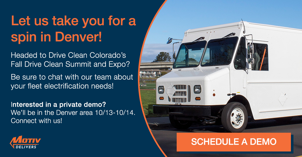 Are you headed to <a href="/DriveCleanCO/">Drive Clean Colorado</a>'s Fall Drive Clean Summit &amp; Expo? Want to get behind-the-wheel of an all-electric step van? Interested in a private demo in the Denver area?  Join us next week, we would love to take you for a spin! motivps.com/schedule-a-dem…

#electrification #EVs