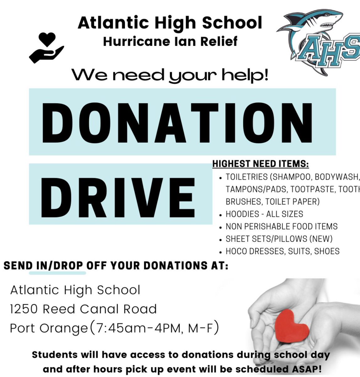 SharksAHS's tweet photo. We need your help! We have students and staff that lost much during the storm. We surveyed our Sharks to determine areas of greatest need. Look at the list and donate if you can. ￼￼To sponsor a specific family, reach out privately to dmalves@volusia.k12.fl.us ￼￼￼❤️🦈 https://t.co/VdNxJoFAZ2
