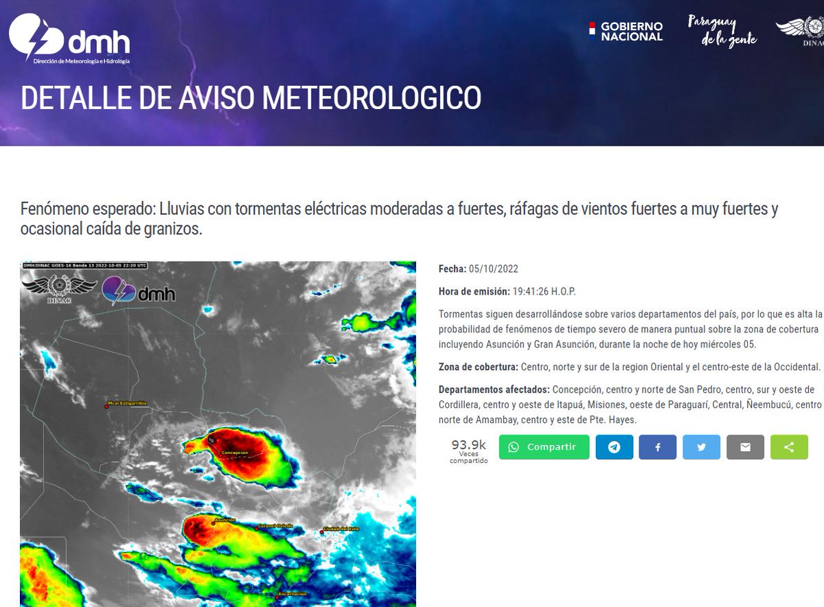 Aviso Meteorológico N°: 740/2022 Emitido.
Enlace: meteorologia.gov.py/avisos/
Fecha: 05/10/2022.
Hora: 19:41 h.