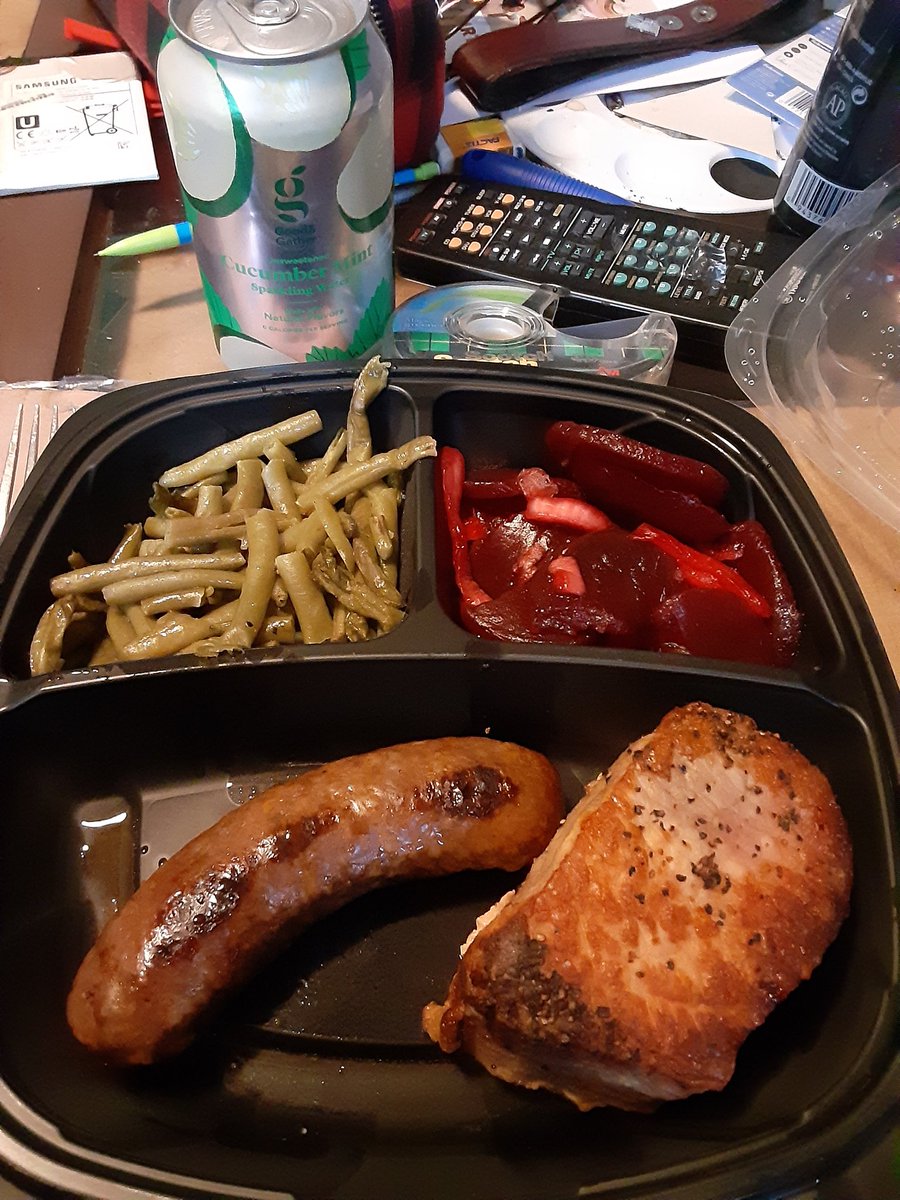 Dinner: HyVee green beans, beets, porkchop. Spicy brat from the current supply. Cucumber mint seltzer.
