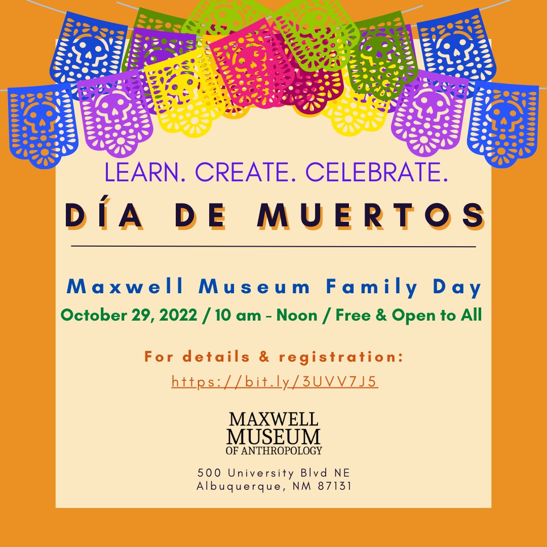 MuseumMaxwell's tweet photo. Sat, Oct 29, 10:00 AM-12pm, The Maxwell will host a free Family Day to learn about &amp; celebrate Día de Muertos / Day of the Dead. Activities: Traditional Arts &amp; Crafts; Music &amp; Story; Exhibit of altars; Communal Ofrenda &amp; More! Details &amp; RSVP @ https://t.co/Ajt4kd7Nu7 https://t.co/Yp4qmZHzDj