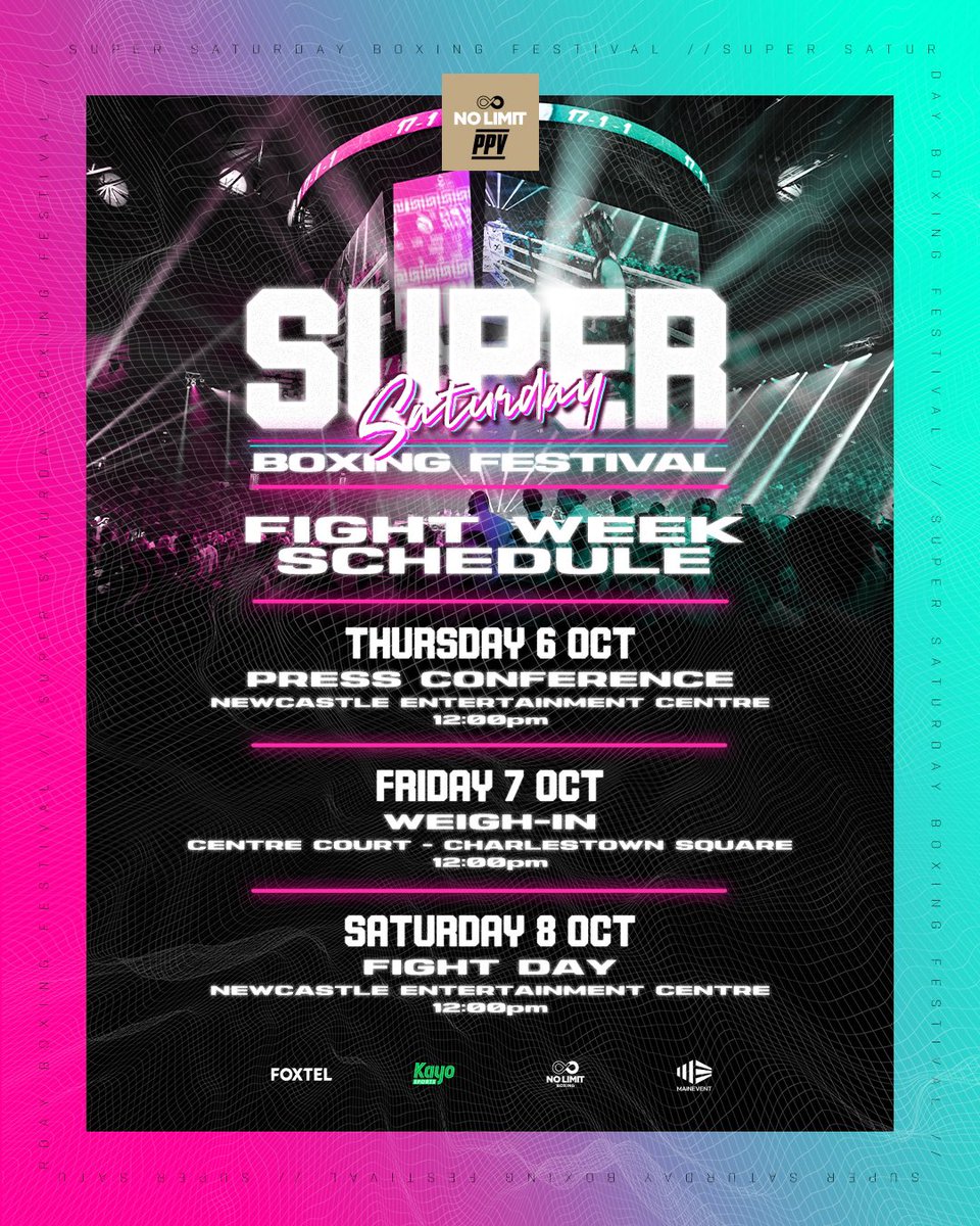 No Limit Boxing (@nolimit_boxing) on Twitter photo ๐ค Super Saturday Boxing Festival Press Conference will be live from the Newcastle Entertainment Centre at 12:00pm.
Catch all the action live on <a href="/NoLimit_Boxing/">No Limit Boxing</a>, <a href="/MainEventTV/">MAIN EVENT</a> & <a href="/ausboxing/">Aus-Boxing.com</a> Facebook pages! ๐ค Super Saturday Boxing Festival Press Conference will be live from the Newcastle Entertainment Centre at 12:00pm.
Catch all the action live on <a href="/NoLimit_Boxing/">No Limit Boxing</a>, <a href="/MainEventTV/">MAIN EVENT</a> & <a href="/ausboxing/">Aus-Boxing.com</a> Facebook pages!