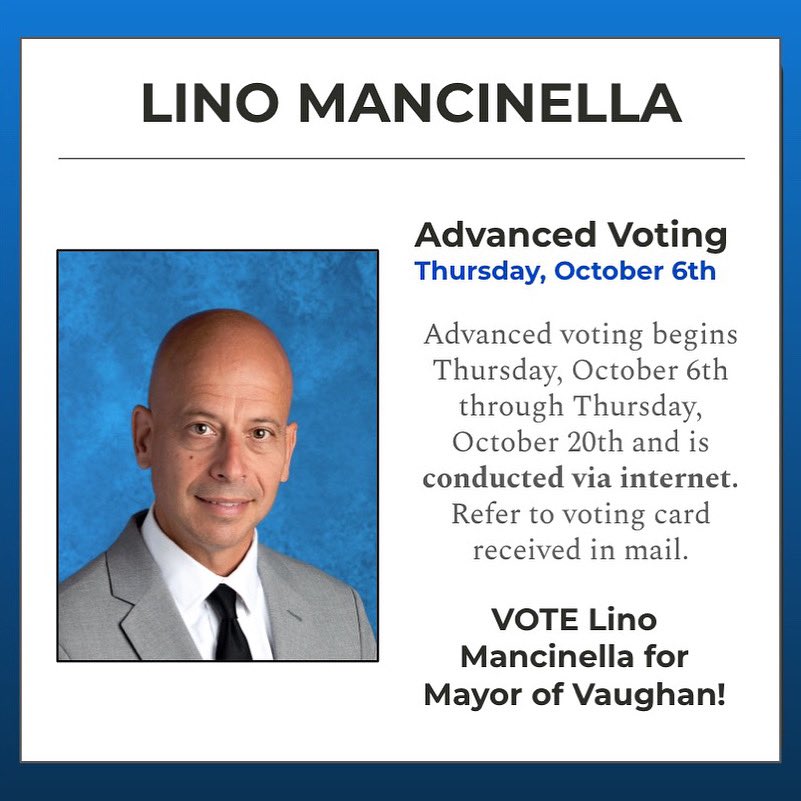 Advanced Voting begins Thursday, October 6th (tomorrow). Voting is accessible online allowing you to vote from the comfort of your home. Refer to your voting card received through mail. 📩

 #vaughan #vaughanmayor #vaughanelection