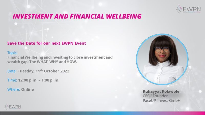 EU Women Payment Net (@ewpneurope) on Twitter photo Profits over employee wellbeing? Is the's' in ESG Important?
Join <a href="/ruksmodups/">Rukayyat Kolawole, CFA</a> on October 11, 2022, for a webinar on #financial #wellbeing and investing to close the #investment and wealth divide. 12-1pm CEST
Register here: ow.ly/5Eph50L2M1L Profits over employee wellbeing? Is the's' in ESG Important?
Join <a href="/ruksmodups/">Rukayyat Kolawole, CFA</a> on October 11, 2022, for a webinar on #financial #wellbeing and investing to close the #investment and wealth divide. 12-1pm CEST
Register here: ow.ly/5Eph50L2M1L