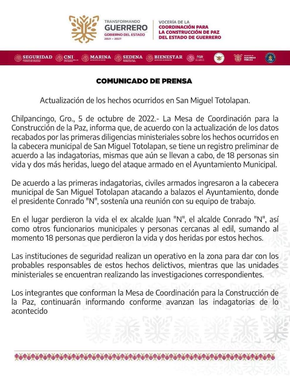 Asesinan al gobierno

Llegan hombres armados al ayuntamiento de Telolapan y asesinan al ex alcalde,funcionarios municipales, policías y al alcalde del municipio.

Seguirá el pañuelito blanco y la fallida estrategia de abrazos o se tomarán acciones por la seguridad del país?