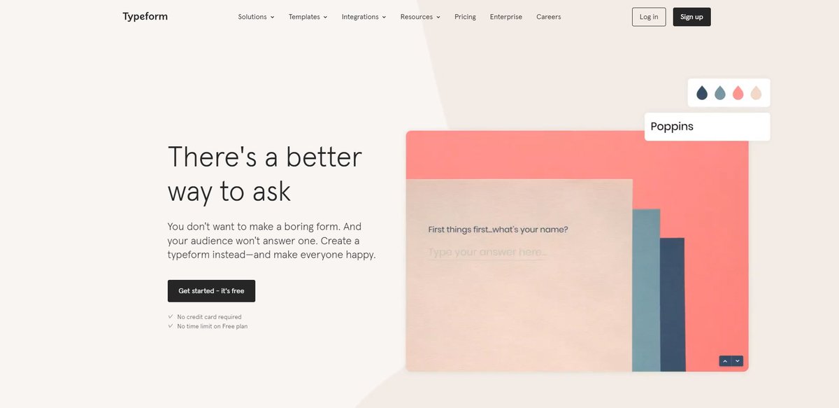 shodaiiiiii's tweet image. 高機能でおしゃれなアンケートフォームが簡単につくれるサービス「Typeform」

・満足度調査
・フィードバック
・商品の注文
・サインアップ

フォーム上で決済もできるのでGoogle Formではできないことができちゃいます
👉typeform.com