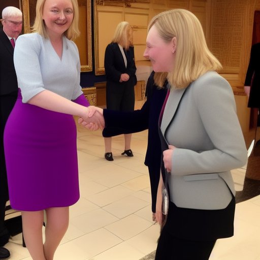 scott_frey_'s tweet photo. @hardmaru @BorisJohnson "Liz Truss shaking hands with her evil clone Triz Luss" [prompt on Stable Diffusion]
(Who's the fellow in pic #2?) https://t.co/LaWlfkZZ8r